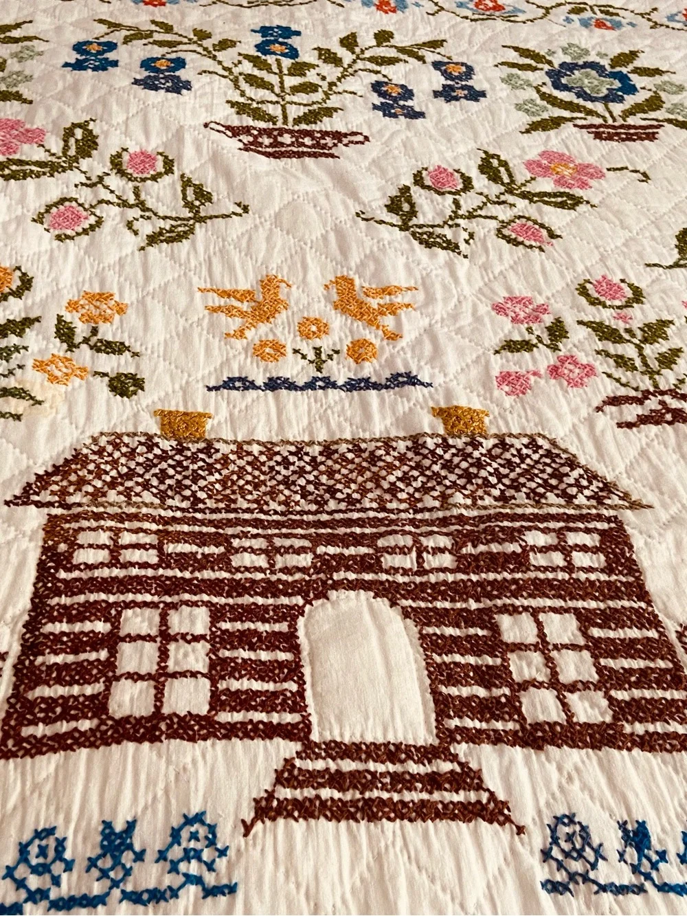 Vintage American Sampler Embroidered Hand Stitched Quilt Cottagecore Decor!